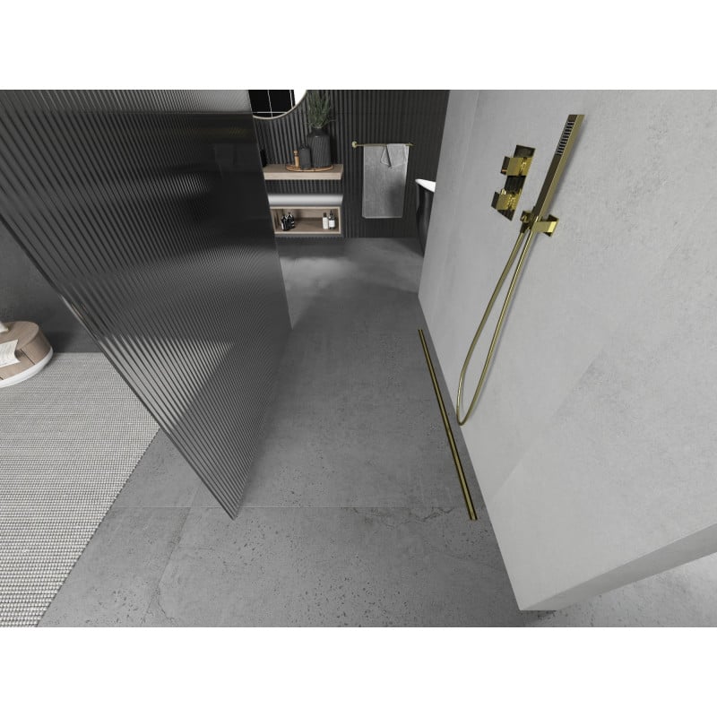 Mexen Kioto freistehende Duschwand 100 x 200 cm, Streifen 8 mm, gold - 800-100-002-50-09