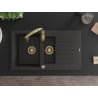 Mexen Matias Granitspüle 1,5-Becken mit Abtropffläche und Küchenarmatur Savita, schwarz/gold - 6502-75-672601-50