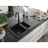 Mexen Matias Granitspüle 1,5-Kammer mit Ablage und Küchenarmatur Savita, schwarz/gold - 6502-75-672601-70-B