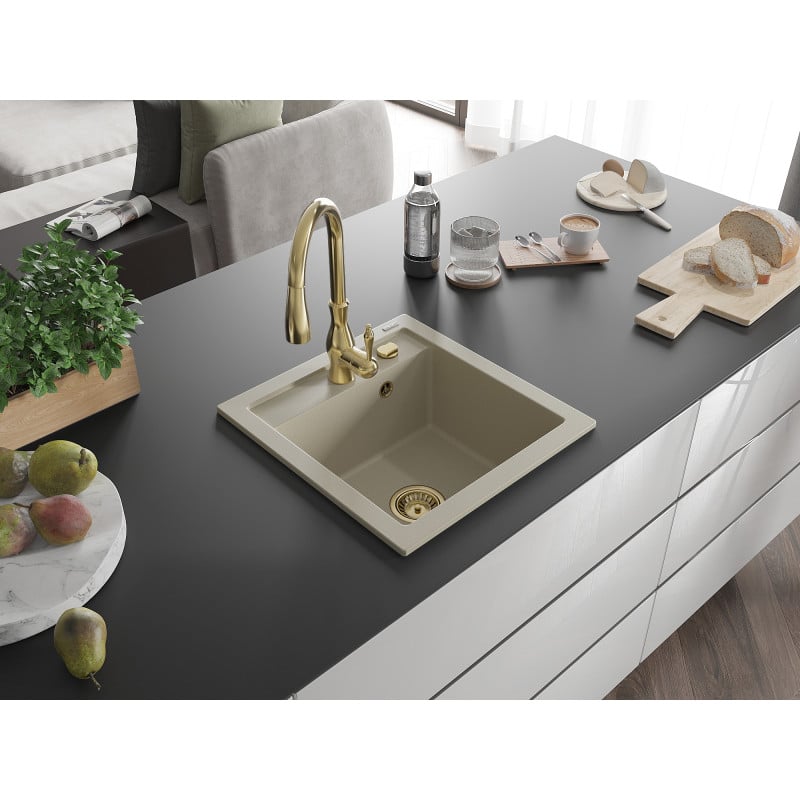Mexen Vito Granitspüle 1-beckig mit Küchenarmatur Savita, beige - 6503-69-672601-50