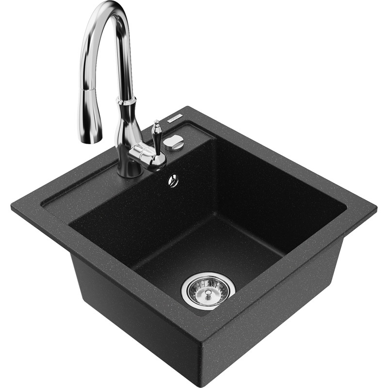 Mexen Vito granitspüle 1-becken mit küchenarmatur Savita, schwarz/silber metallic - 6503-73-672601-00