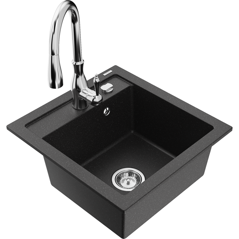 Mexen Vito Granitspüle 1-beckig mit Küchenarmatur Savita, schwarz/silber metallic - 6503-73-672601-00