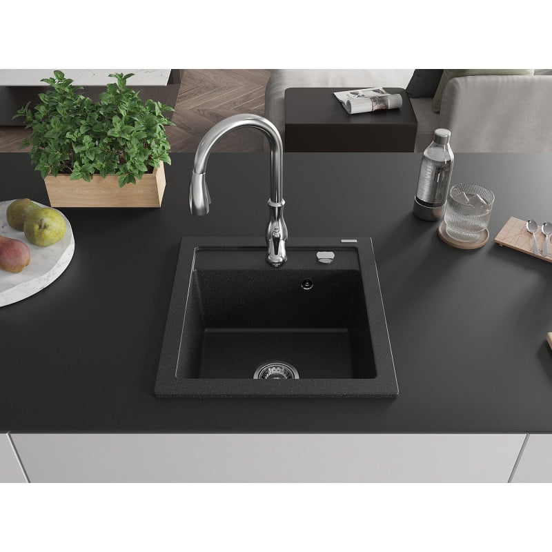Mexen Vito Granitspüle 1-beckig mit Küchenarmatur Savita, schwarz/silber metallic - 6503-73-672601-00