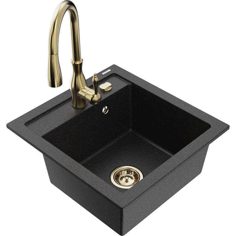 Mexen Vito Granitspüle 1-beckig mit Küchenarmatur Savita, schwarz/silber metallic - 6503-73-672601-50