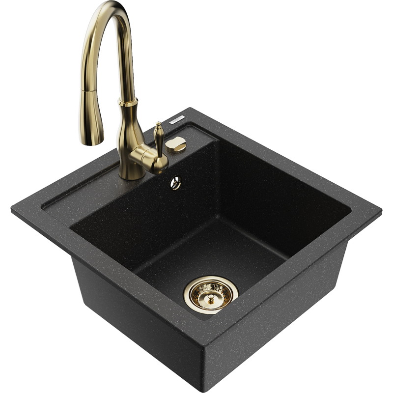 Mexen Vito Granitspüle mit 1 Becken und Küchenarmatur Savita, schwarz/silber metallic - 6503-73-672601-50