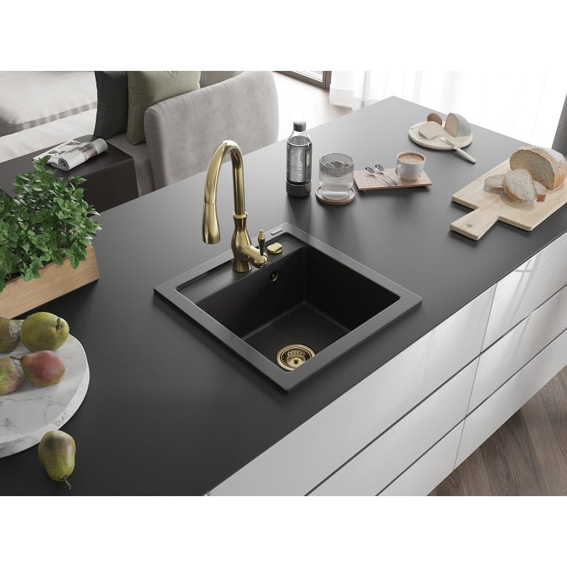 Mexen Vito Granitspüle 1-beckig mit Küchenarmatur Savita, schwarz/silber metallic - 6503-73-672601-50