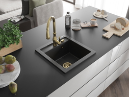 Mexen Vito Granitspüle 1-beckig mit Küchenarmatur Savita, schwarz/silber metallic - 6503-73-672601-50
