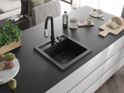 Mexen Vito Granitspüle 1-Becken mit Küchenarmatur Savita, schwarz/silber metallic - 6503-73-672601-70-B