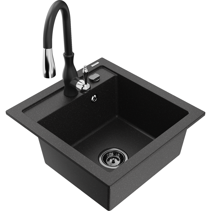 Mexen Vito Granitspüle 1-Becken mit Küchenarmatur Savita, schwarz/silber metallic - 6503-73-672601-70-B
