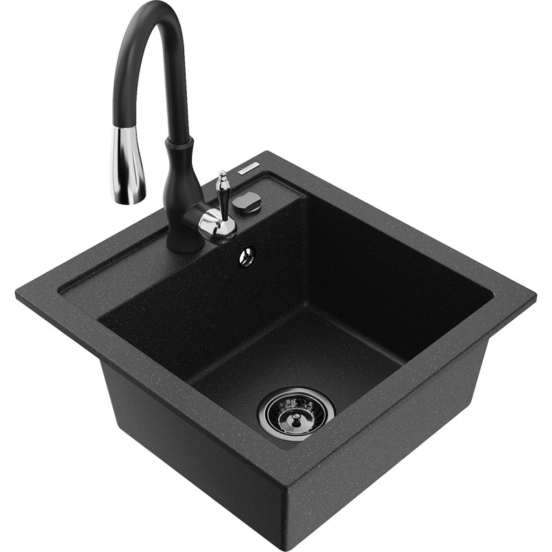 Mexen Vito Granitspüle 1-beckig mit Küchenarmatur Savita, schwarz/silber metallic - 6503-73-672601-70-B