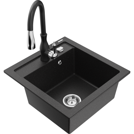 Mexen Vito Granitspüle 1-Becken mit Küchenarmatur Savita, schwarz/silber metallic - 6503-73-672601-70