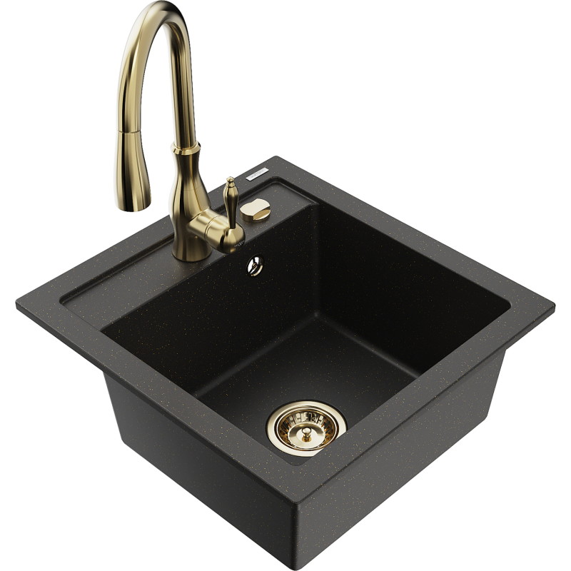 Mexen Vito Granitspüle 1-beckig mit Küchenarmatur Savita, schwarz/gold-metallic - 6503-75-672601-50