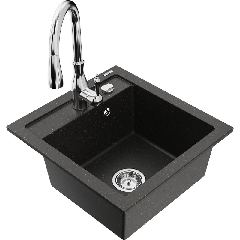 Mexen Vito Granitspüle 1-beckig mit Küchenarmatur Savita, schwarz/gold metallic - 6503-75-672601-00