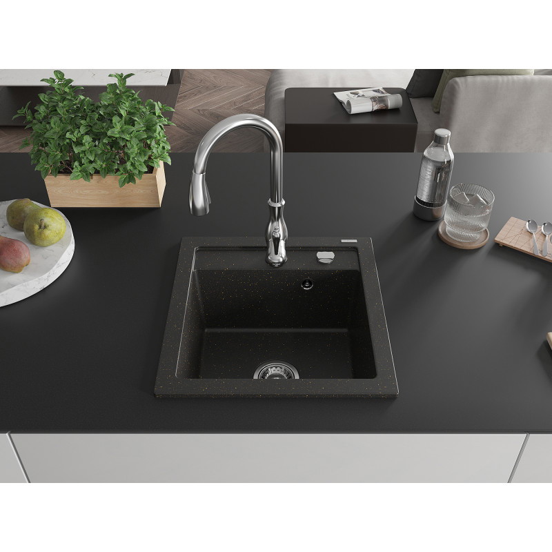 Mexen Vito Granitspüle 1-Becken mit Küchenarmatur Savita, schwarz/gold metallic - 6503-75-672601-00