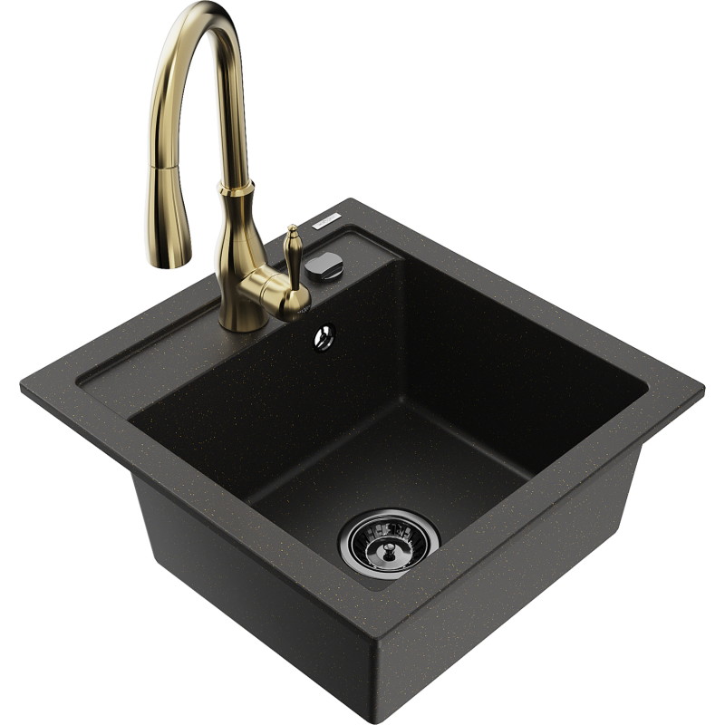 Mexen Vito Granitspüle 1-Becken mit Küchenarmatur Savita, schwarz/goldfarben metallic - 6503-75-672601-50-B