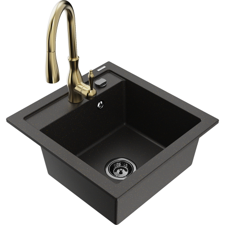 Mexen Vito Granitspüle 1-komorowy mit Küchenarmatur Savita, schwarz/gold metallic - 6503-75-672601-50-B