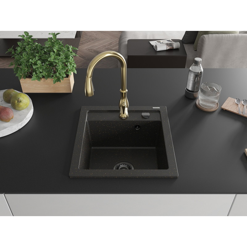 Mexen Vito Granitspüle 1-Becken mit Küchenarmatur Savita, schwarz/goldfarben metallic - 6503-75-672601-50-B