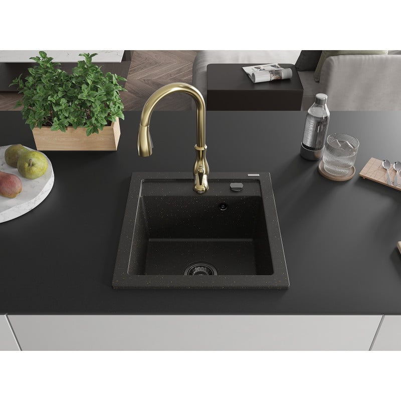 Mexen Vito Granitspüle 1-komorowy mit Küchenarmatur Savita, schwarz/gold metallic - 6503-75-672601-50-B