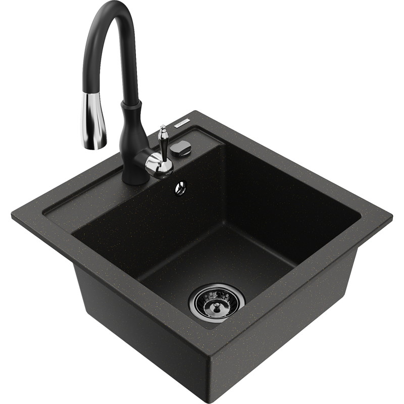 Mexen Vito Granitspüle 1-Becken mit Küchenarmatur Savita, schwarz/goldmetallik - 6503-75-672601-70-B
