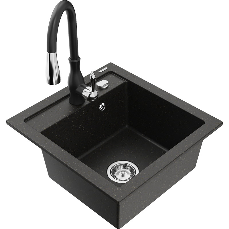 Mexen Vito Granitspüle 1-Becken mit Küchenarmatur Savita, schwarz/gold metallic - 6503-75-672601-70