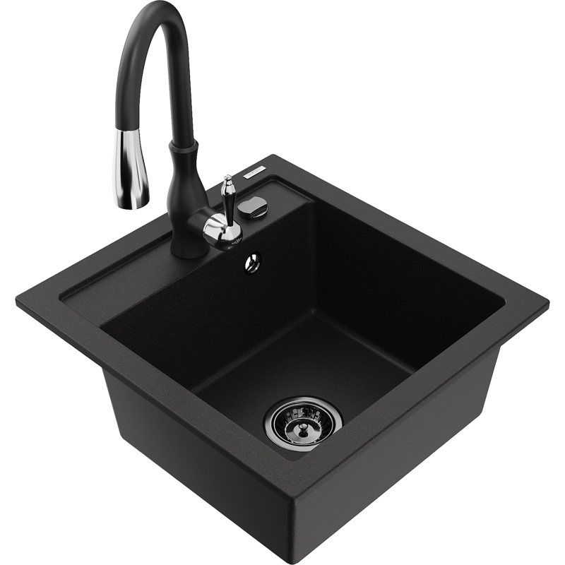 Mexen Vito Granitspüle 1-Kammer mit Küchenarmatur Savita, schwarz - 6503-77-672601-70-B