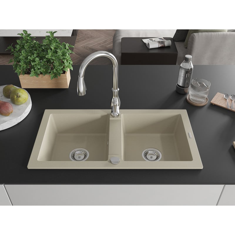 Mexen Mario Granitspüle 2-Becken mit Küchenarmatur Savita, beige - 6504-69-672601-00