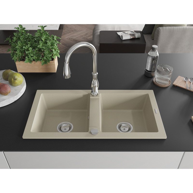 Mexen Mario Granitspüle 2-Kammer mit Küchenarmatur Savita, beige - 6504-69-672601-00