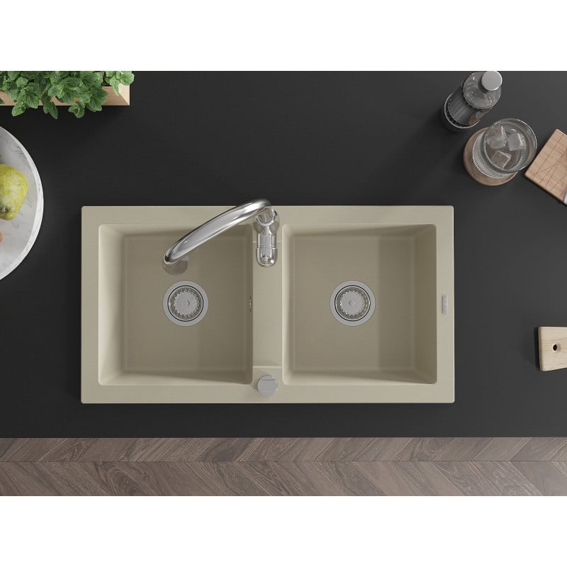 Mexen Mario Granitspüle 2-Becken mit Küchenarmatur Savita, beige - 6504-69-672601-00