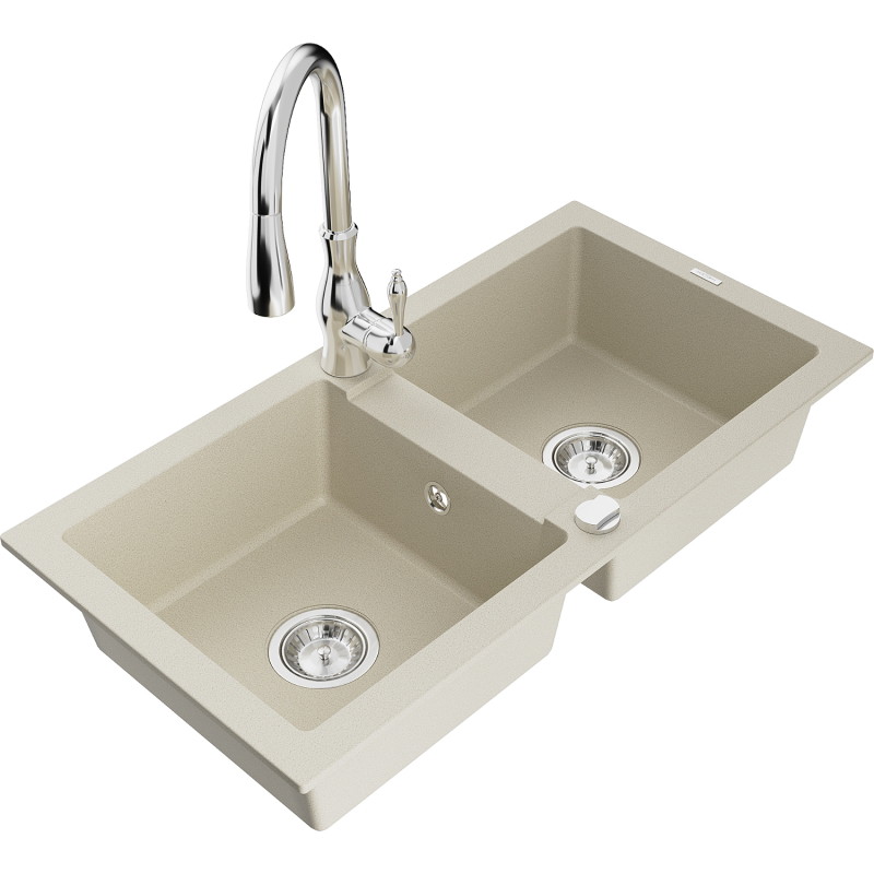 Mexen Mario Granitspüle mit 2 Becken und Küchenarmatur Savita, beige - 6504-69-672601-00