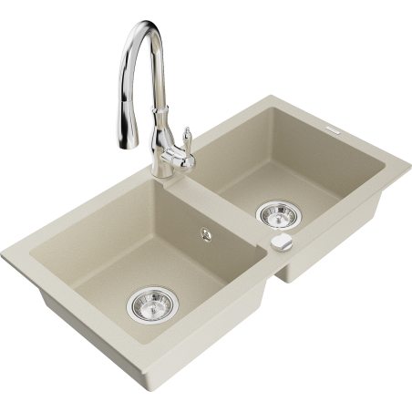 Mexen Mario Granitspüle 2-Becken mit Küchenarmatur Savita, beige - 6504-69-672601-00