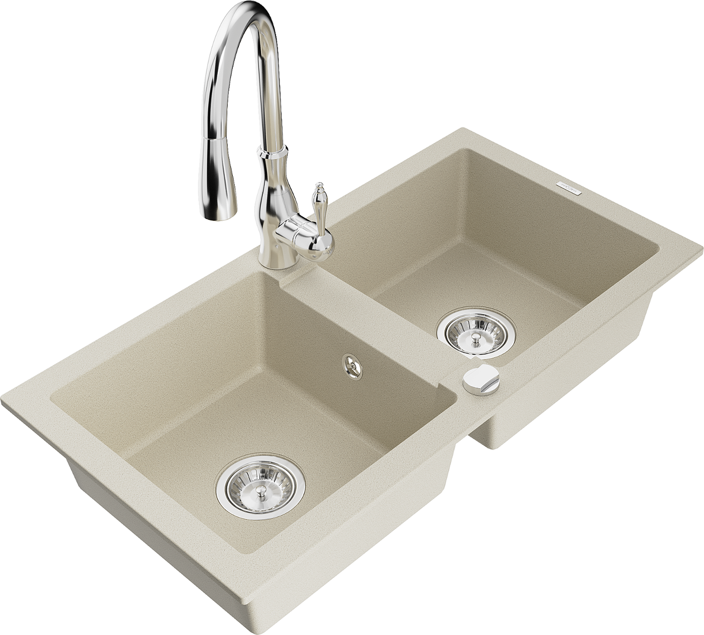 Mexen Mario 2-Becken-Granitspüle mit Mischbatterie Savita, Beige - 6504-69-672601-00