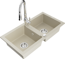 Mexen Mario Granitspüle 2-Becken mit Küchenarmatur Savita, beige - 6504-69-672601-00