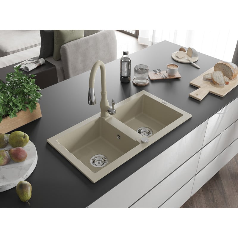 Mexen Mario Granitspüle 2-Kammer mit Küchenarmatur Savita, beige - 6504-69-672601-69