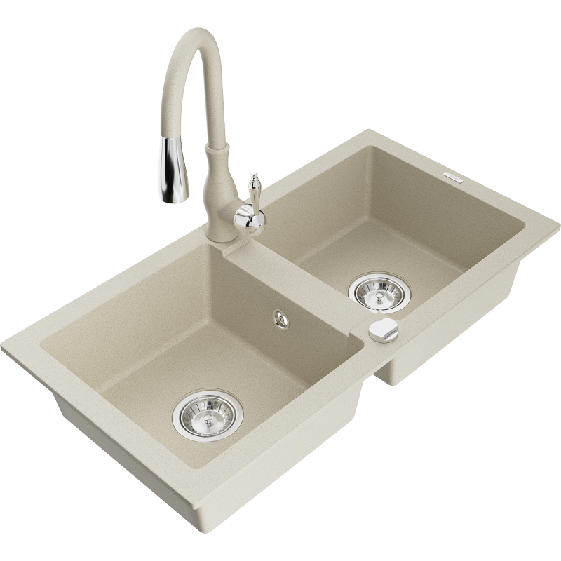 Mexen Mario Granitspüle 2-Kammer mit Küchenarmatur Savita, beige - 6504-69-672601-69