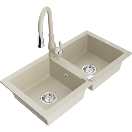 Mexen Mario Granitspüle 2-Kammer mit Küchenarmatur Savita, beige - 6504-69-672601-69