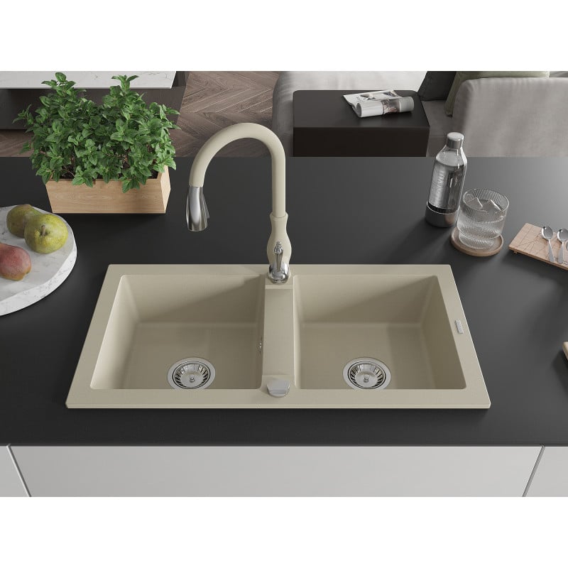 Mexen Mario Granitspüle 2-Kammer mit Küchenarmatur Savita, beige - 6504-69-672601-69