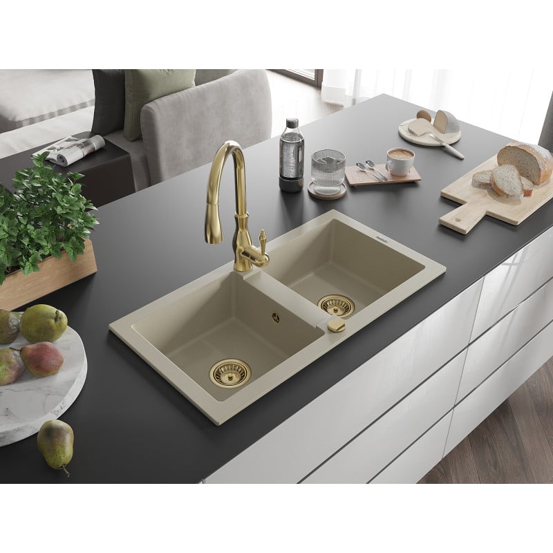 Mexen Mario Granitspüle 2-Kammer mit Küchenarmatur Savita, beige - 6504-69-672601-50