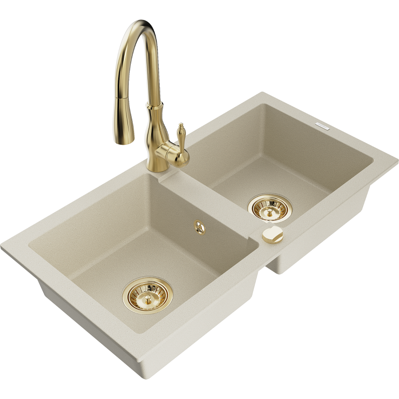 Mexen Mario Granitspüle 2-Kammer mit Küchenarmatur Savita, beige - 6504-69-672601-50