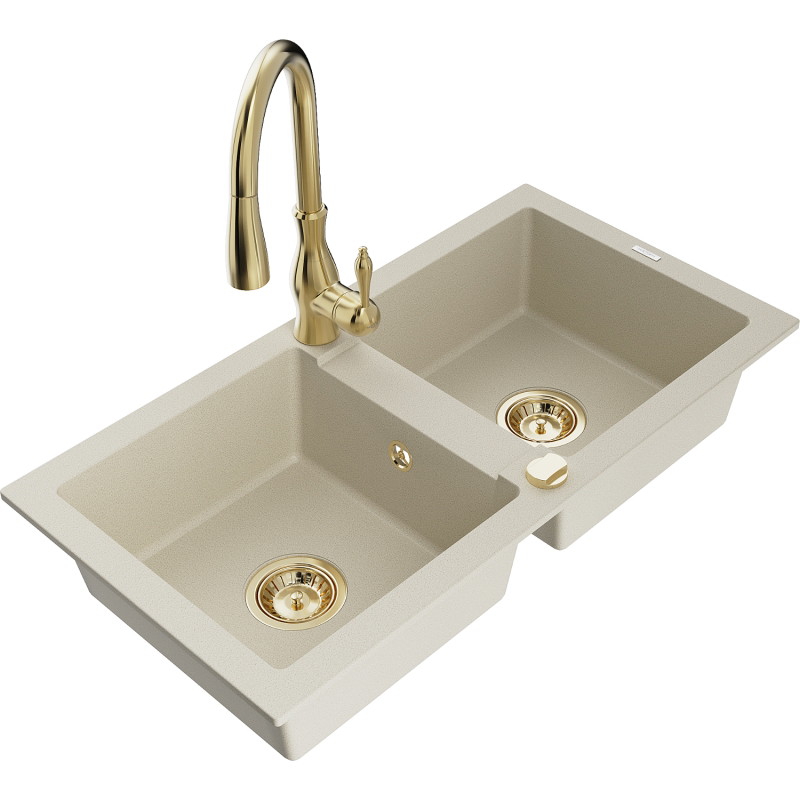 Mexen Mario Granitspüle 2-Kammern mit Küchenarmatur Savita, beige - 6504-69-672601-50