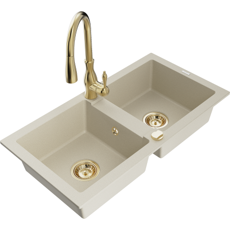 Mexen Mario Granitspüle 2-Kammer mit Küchenarmatur Savita, beige - 6504-69-672601-50