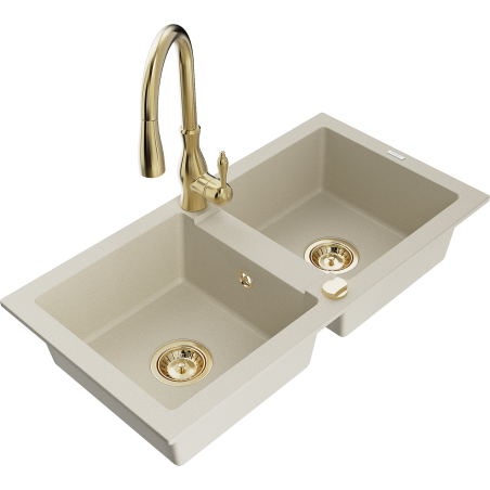 Mexen Mario Granitspüle 2-Kammern mit Küchenarmatur Savita, beige - 6504-69-672601-50