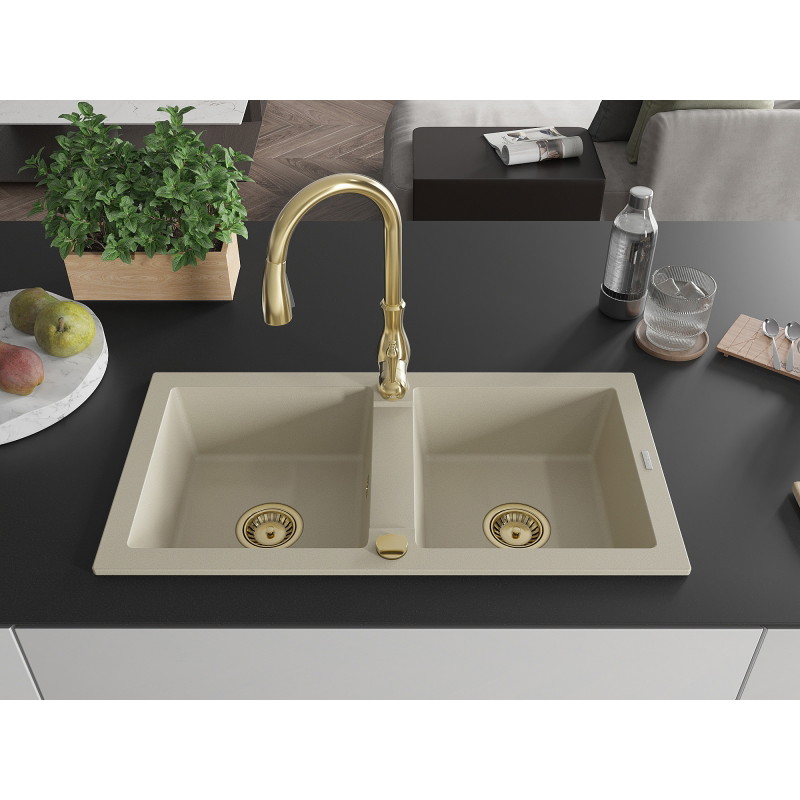 Mexen Mario Granitspüle 2-Kammern mit Küchenarmatur Savita, beige - 6504-69-672601-50