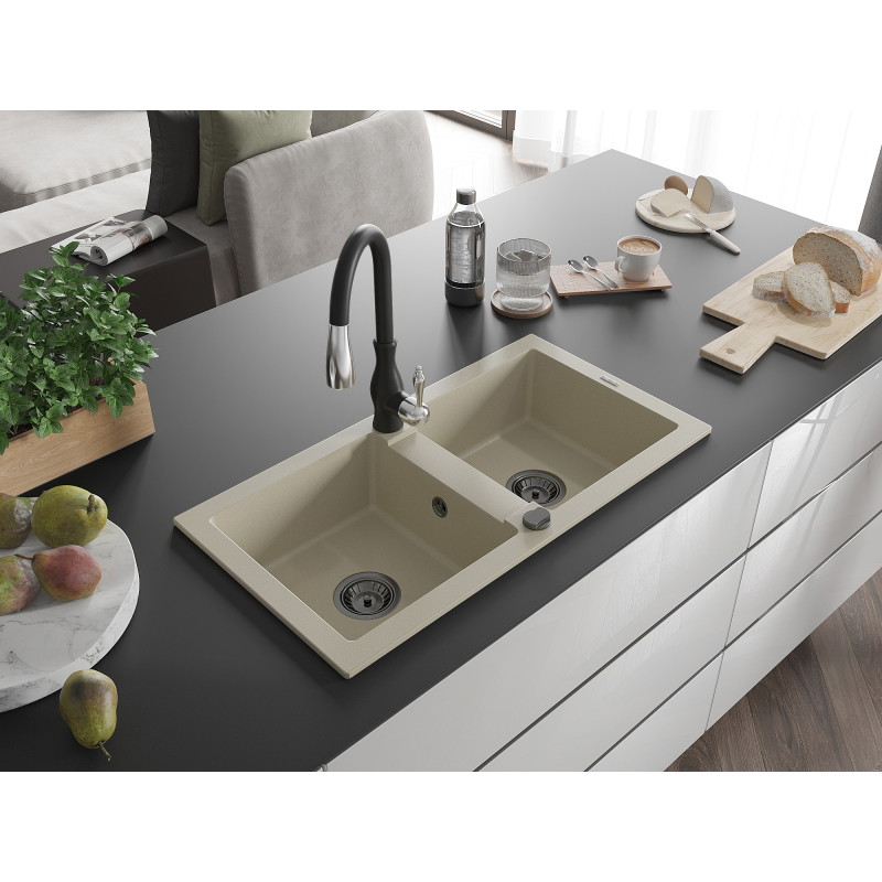 Mexen Mario 2-Kammer Granitspüle mit Küchenarmatur Savita, beige - 6504-69-672601-70