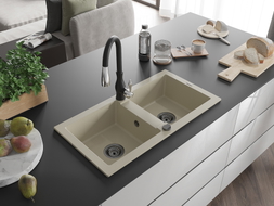 Mexen Mario 2-Kammer Granitspüle mit Küchenarmatur Savita, beige - 6504-69-672601-70