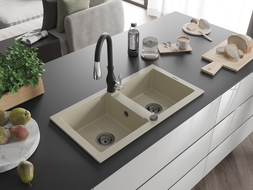 Mexen Mario Granitspüle 2-becken mit Küchenarmatur Savita, beige - 6504-69-672601-70