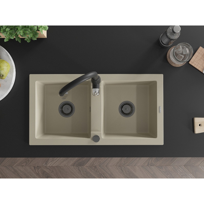 Mexen Mario 2-Kammer Granitspüle mit Küchenarmatur Savita, beige - 6504-69-672601-70