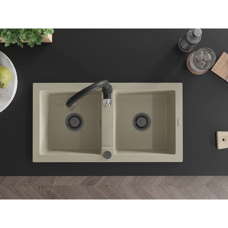 Mexen Mario Granitspüle 2-becken mit Küchenarmatur Savita, beige - 6504-69-672601-70
