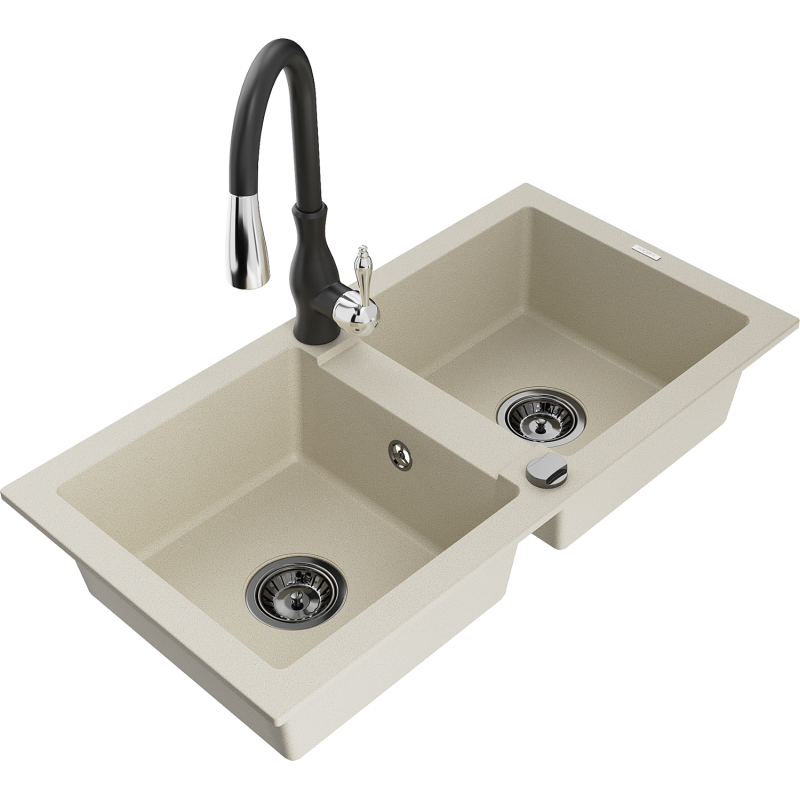 Mexen Mario Granitspüle 2-becken mit Küchenarmatur Savita, beige - 6504-69-672601-70