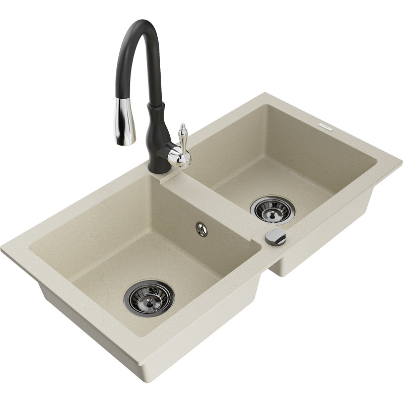 Mexen Mario granitspüle mit 2 becken und küchenarmatur Savita, beige - 6504-69-672601-70