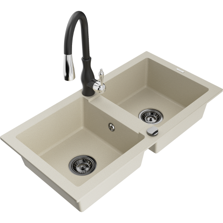 Mexen Mario Granitspüle 2-becken mit Küchenarmatur Savita, beige - 6504-69-672601-70
